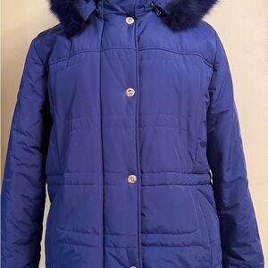 Women's Blue Puffer Jacket with Faux Fur Hood